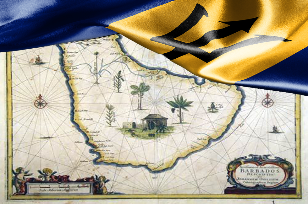 Old world map of Barbados with their flag draped over it | English Colonization Of Barbados