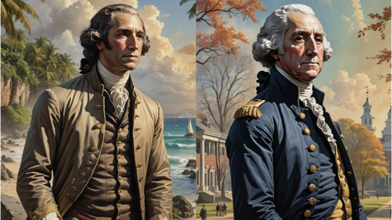 Split screen of a young George Washington in Barbados and standing in front of Mount Vernon