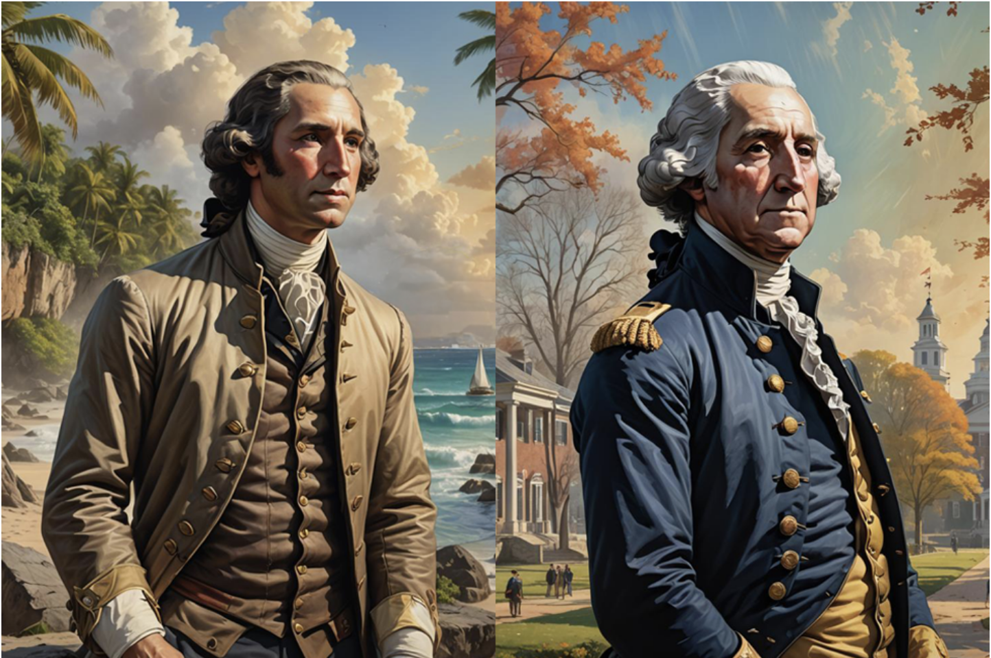 Split screen of a young George Washington in Barbados and standing in front of Mount Vernon