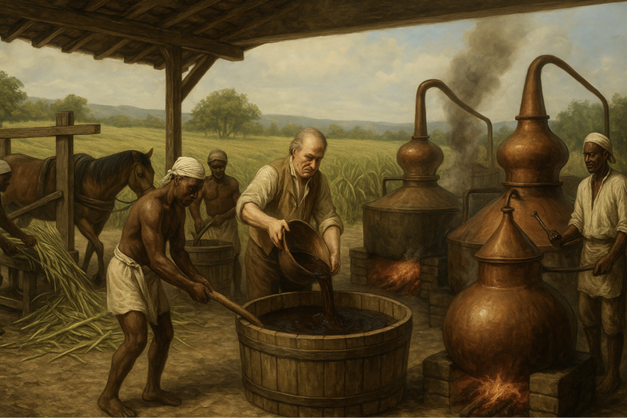 Rum barrels aging in a stone cellar in Barbados near George Washington House