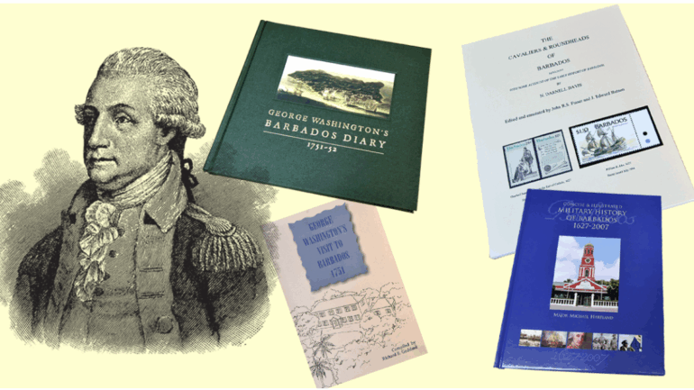 A young George Washington next to a collection of books about his visit to Barbados and the history of the island