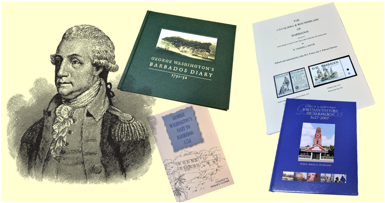 A young George Washington next to a collection of books about his visit to Barbados and the history of the island