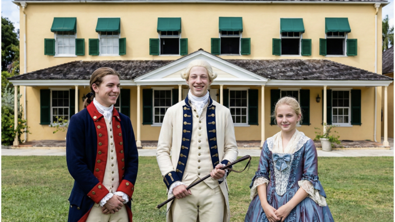 A young George Washington standing with friends in front of the George Washington House in Barbados.