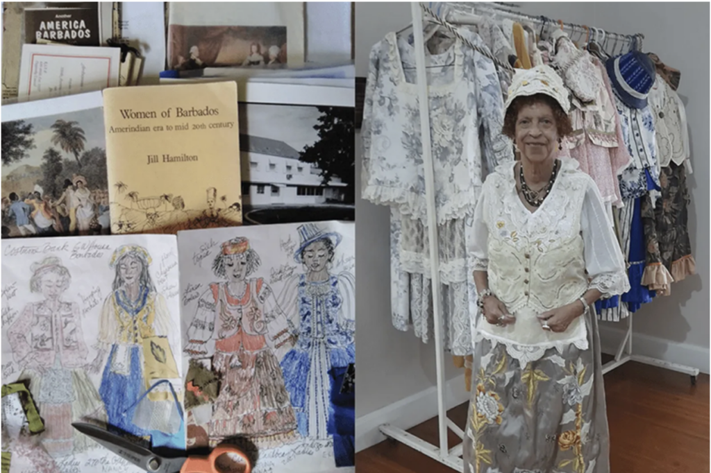 George Washington House Barbados costume designer Miss Ann Rudder standing by her collection.