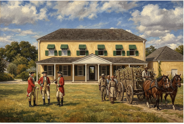 An oil painting of what is now called the George Washington House in Barbados during 1750 with British soldiers standing by and slaves transporting sugarcane.