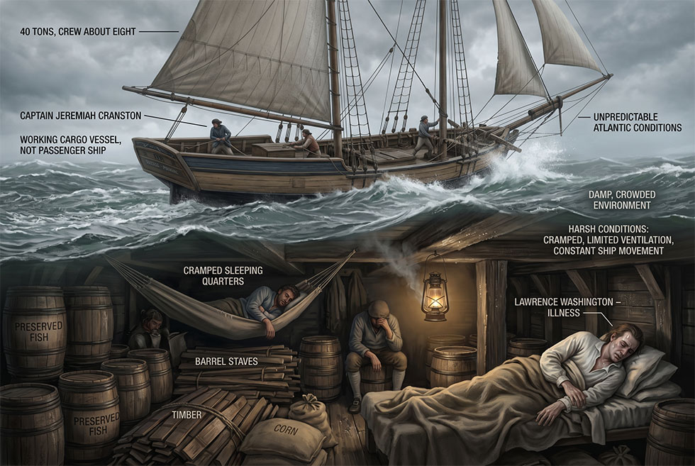 A diagram showing the interior and exterior of an 18th century merchant vessel.