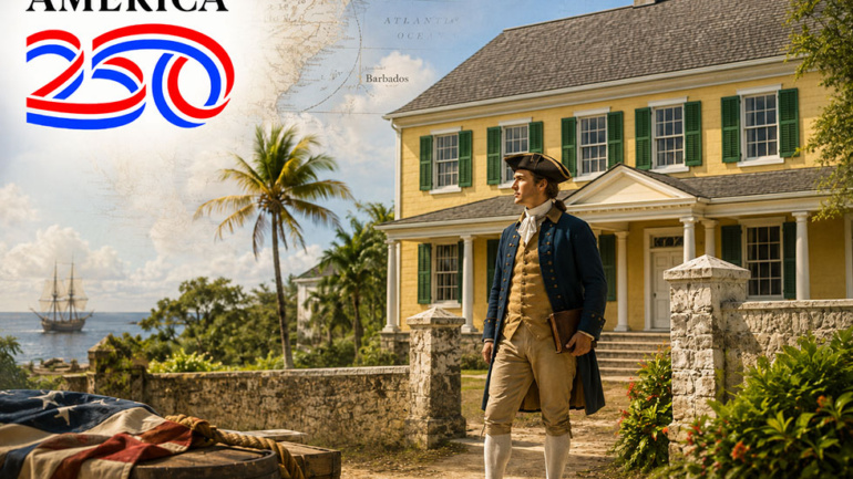 Young George Washington outside George Washington House Barbados with America 250 logo.