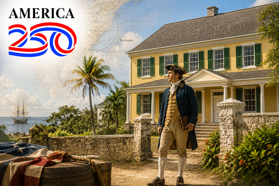 Young George Washington outside George Washington House Barbados with America 250 logo.