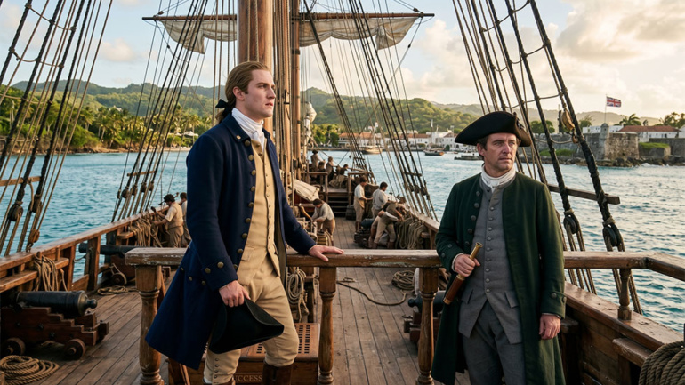 A young Geroge Washington and his brother Lawrence sailing off the coast of Barbados in 1751.