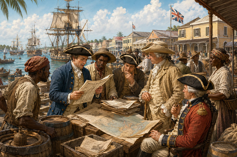 Colonial Barbados harbor scene showing residents reading news of the American Revolution and discussing trade impacts.