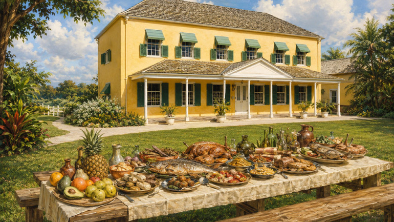 Classic illustration of a large outdoor banquet table with 1751 Barbadian foods on the lawn of George Washington House in Barbados.