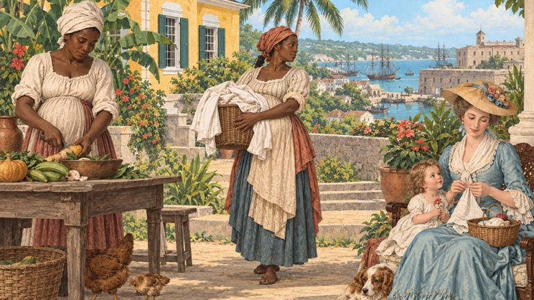 Flat illustration of motherhood in Barbados in the 1700s, showing pregnant enslaved women and a British military mother with her child.