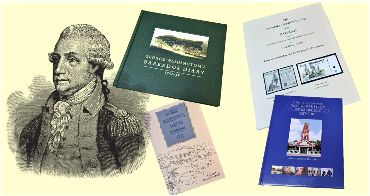 A young George Washington next to a collection of books about his visit to Barbados and the history of the island