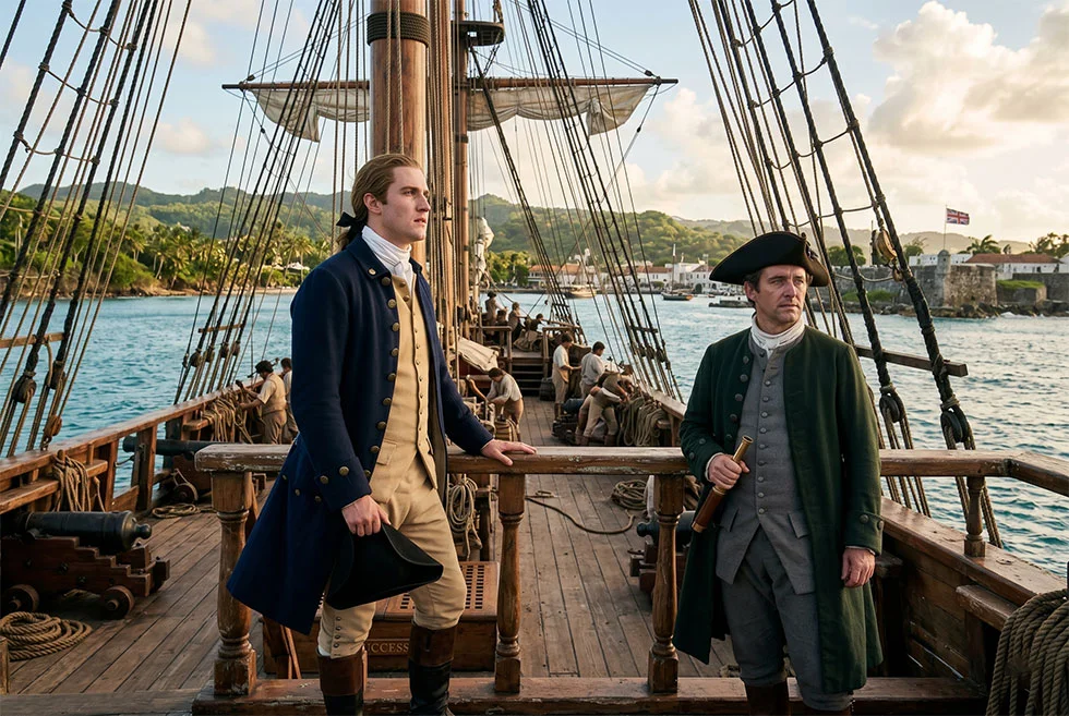 A young Geroge Washington and his brother Lawrence sailing off the coast of Barbados in 1751.
