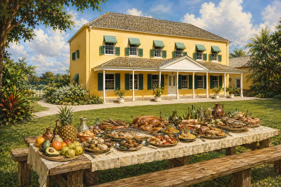 Classic illustration of a large outdoor banquet table with 1751 Barbadian foods on the lawn of George Washington House in Barbados.