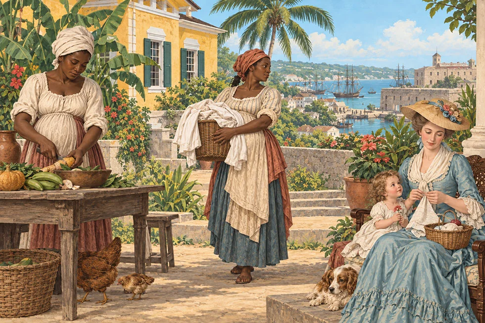 Flat illustration of motherhood in Barbados in the 1700s, showing pregnant enslaved women and a British military mother with her child.
